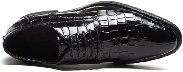Single Season Dress Oxford Shoes for Men Lace Up Alligator Crocodile Print Black Burnished Toe Genuine Leather Block Heel Anti-Slip Slip Resistant Business Very Popular Among Young People