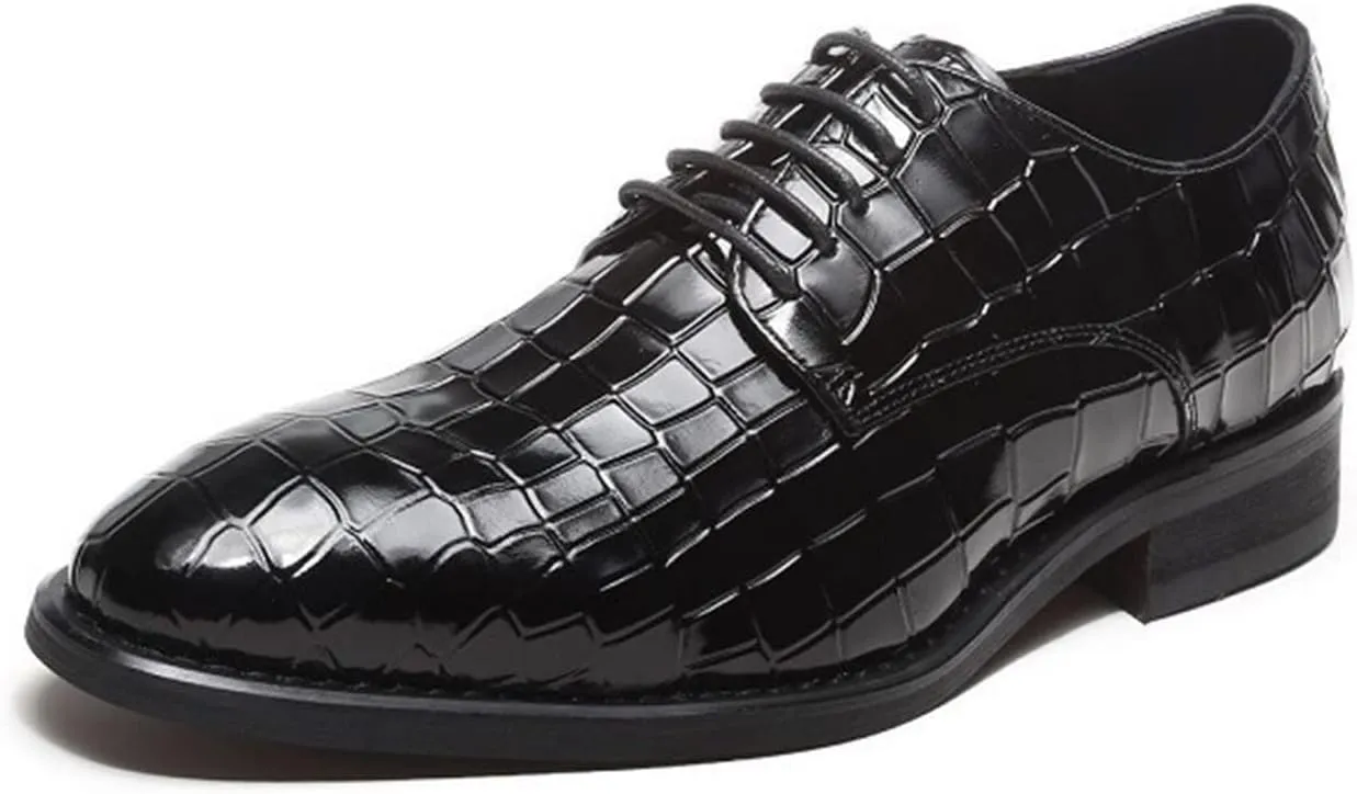 Single Season Dress Oxford Shoes for Men Lace Up Alligator Crocodile Print Black Burnished Toe Genuine Leather Block Heel Anti-Slip Slip Resistant Business Very Popular Among Young People