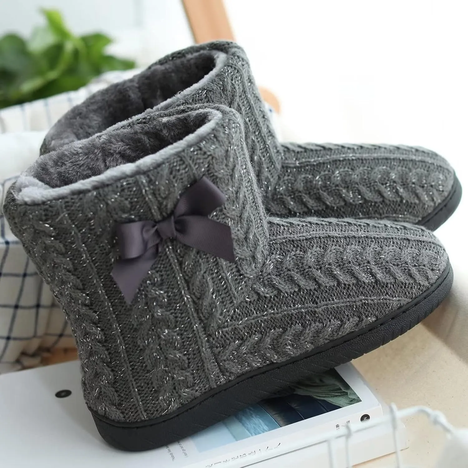 Slipper Boots Women Knit Plush Lining Winter House Shoes Memory Foam Indoor Outdoor