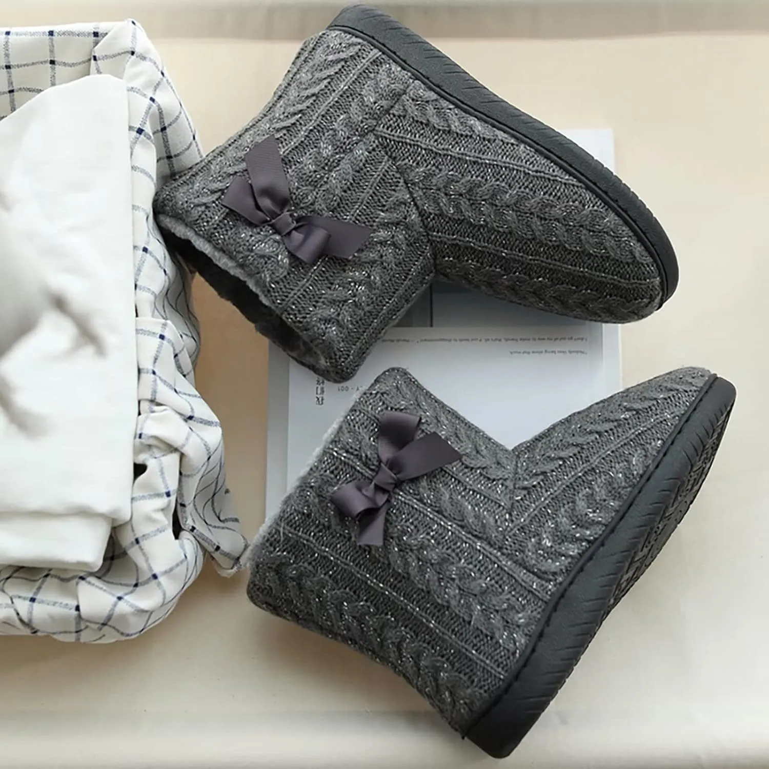 Slipper Boots Women Knit Plush Lining Winter House Shoes Memory Foam Indoor Outdoor