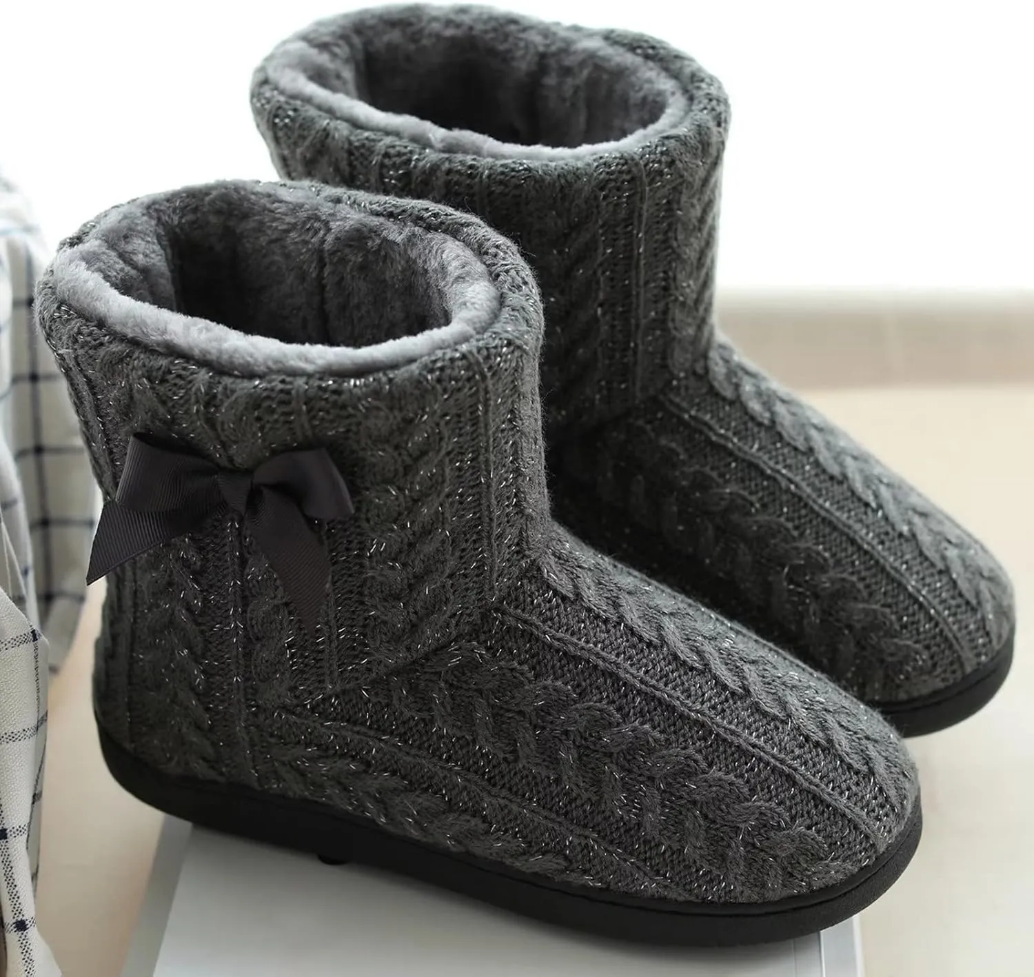 Slipper Boots Women Knit Plush Lining Winter House Shoes Memory Foam Indoor Outdoor