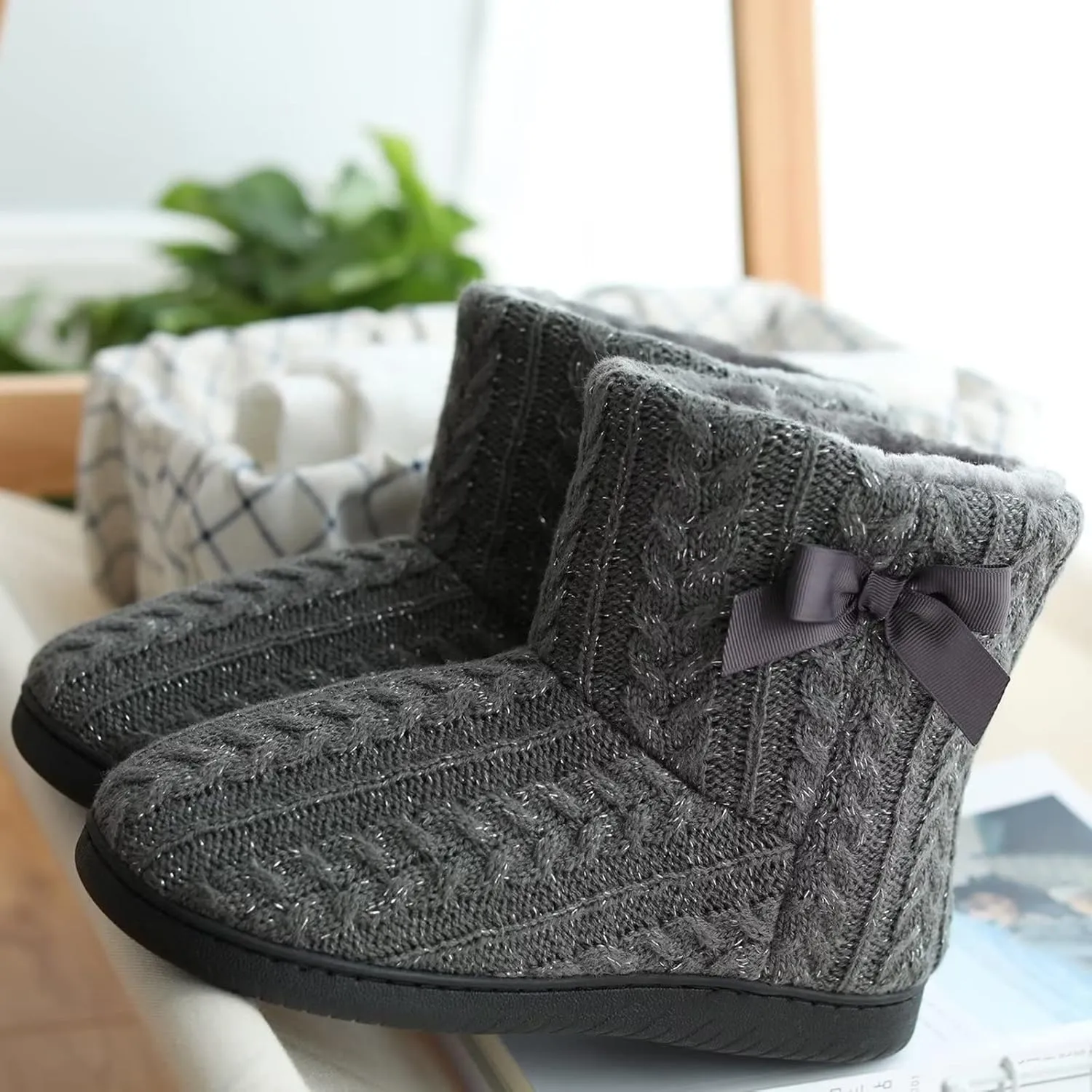 Slipper Boots Women Knit Plush Lining Winter House Shoes Memory Foam Indoor Outdoor