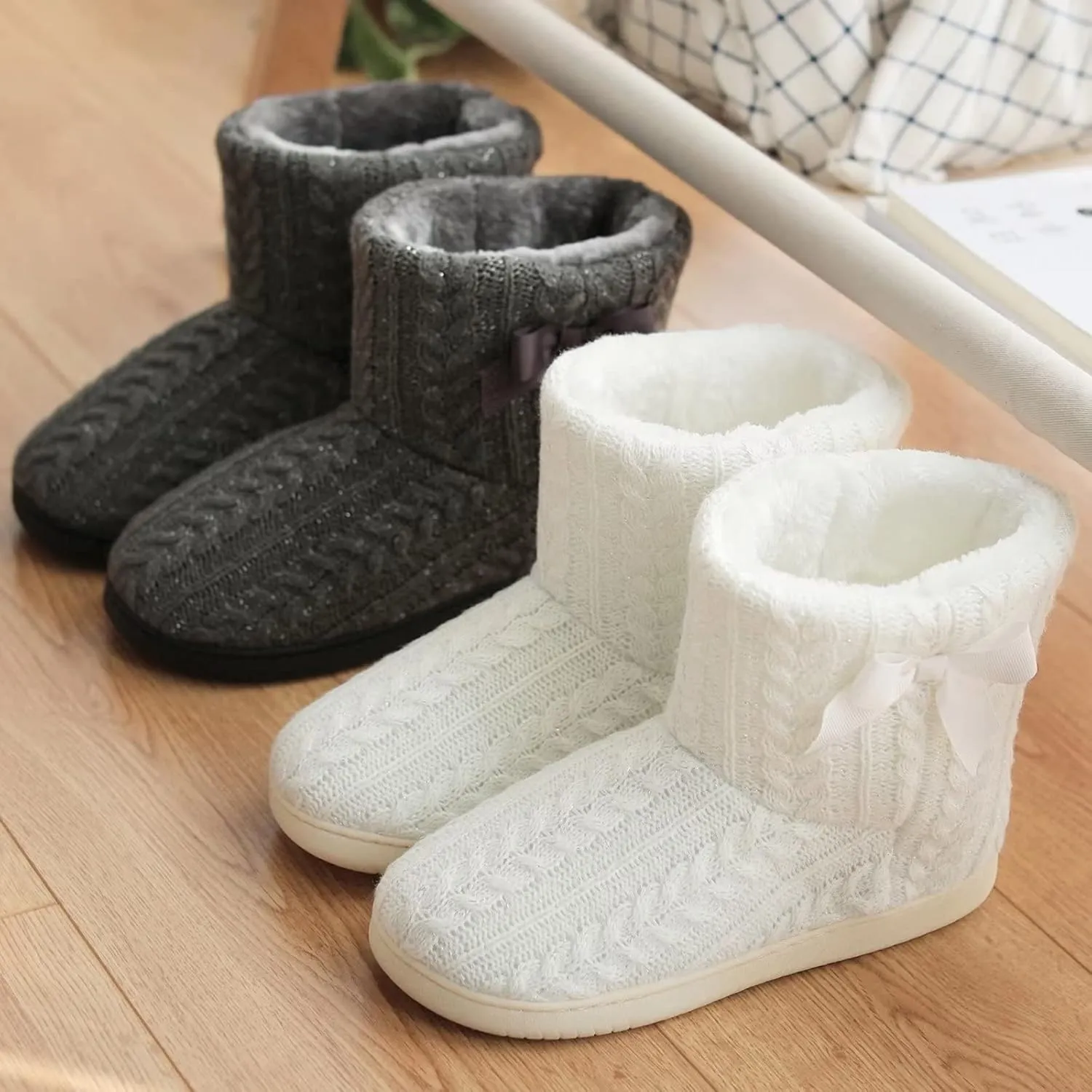 Slipper Boots Women Knit Plush Lining Winter House Shoes Memory Foam Indoor Outdoor