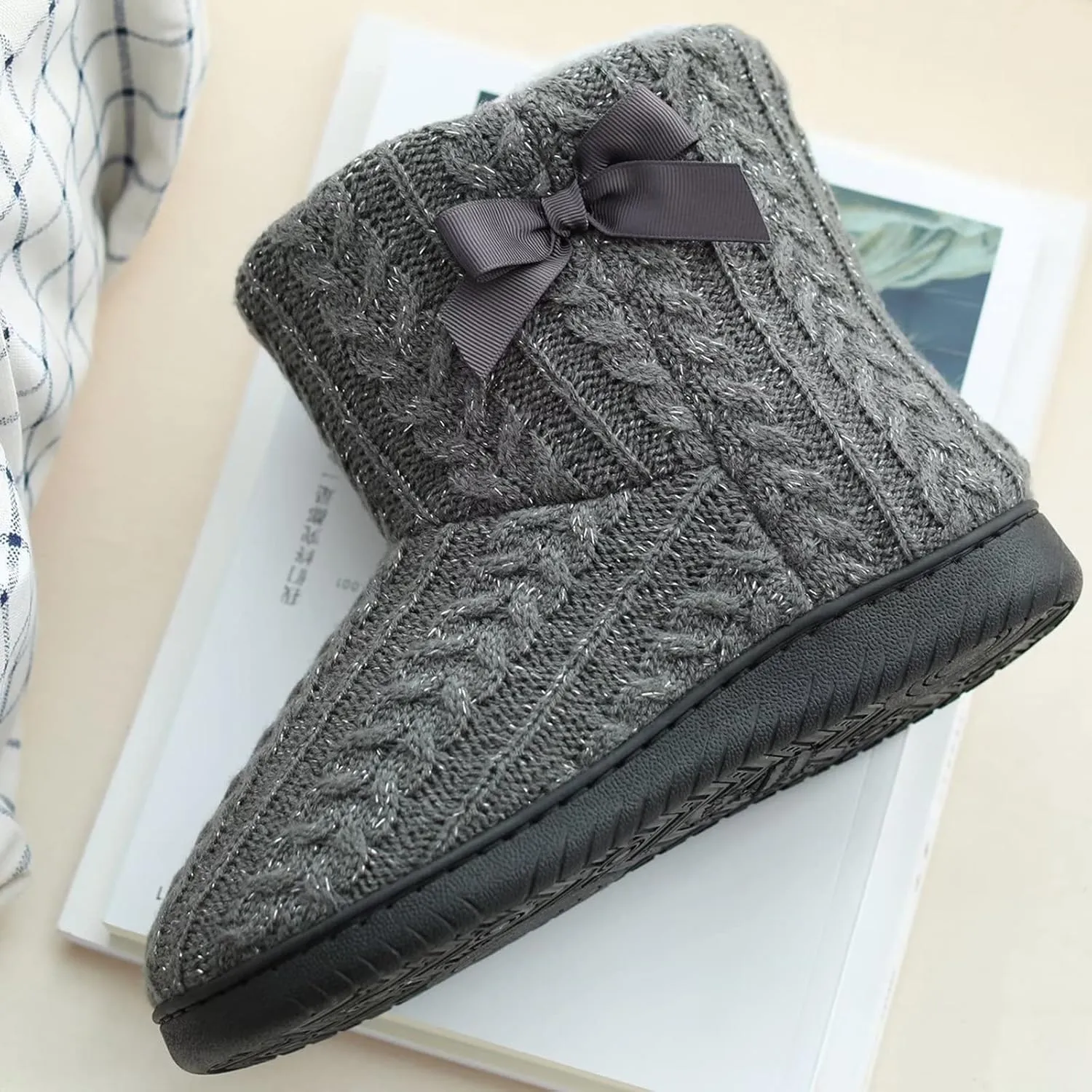 Slipper Boots Women Knit Plush Lining Winter House Shoes Memory Foam Indoor Outdoor