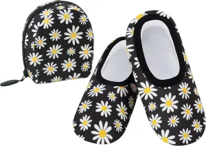 Snoozies Skinnies Packable and Foldable Travel Slippers for Women with Zipper Pouch, Soft Sherpa-Lined Slipper Socks Non-Skid