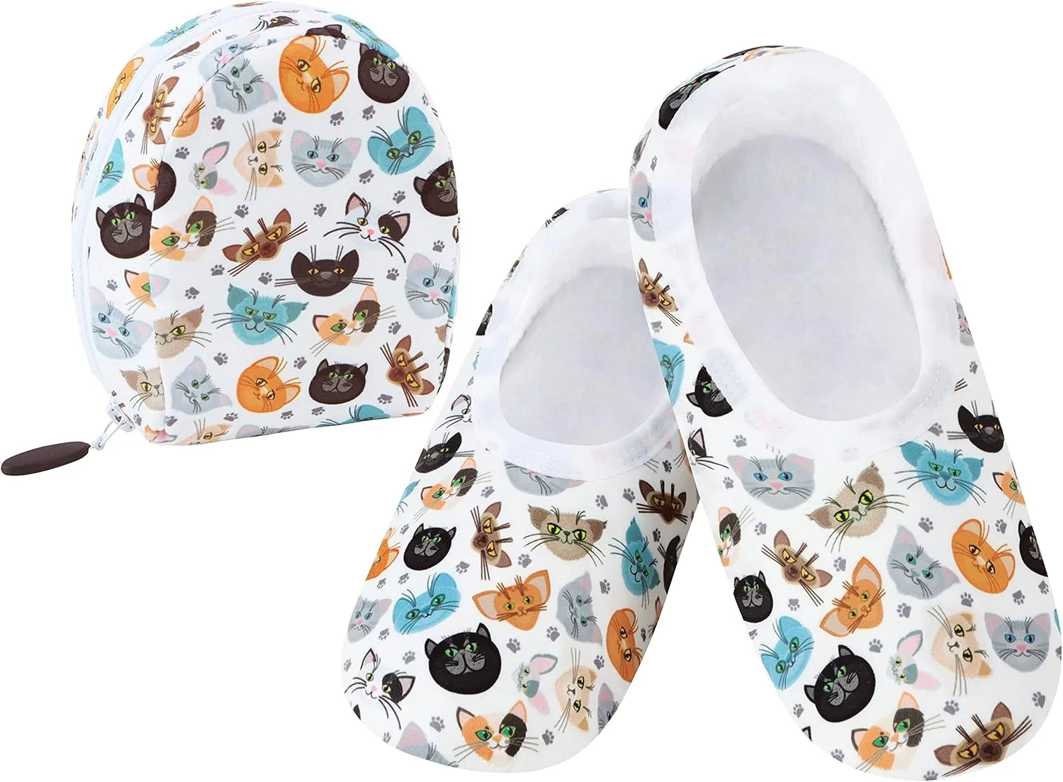 Snoozies Skinnies Packable and Foldable Travel Slippers for Women with Zipper Pouch, Soft Sherpa-Lined Slipper Socks Non-Skid