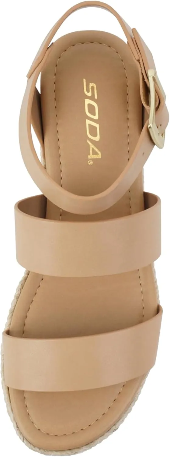 Soda Top Shoe Bryce Open Toe Buckle Ankle Strap Espadrilles Flatform Wedge Casual Sandal