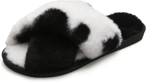Solyinne Women's Tie-dye Leopard Print Cross Band Soft Plush Fleece House Indoor or Outdoor Slippers