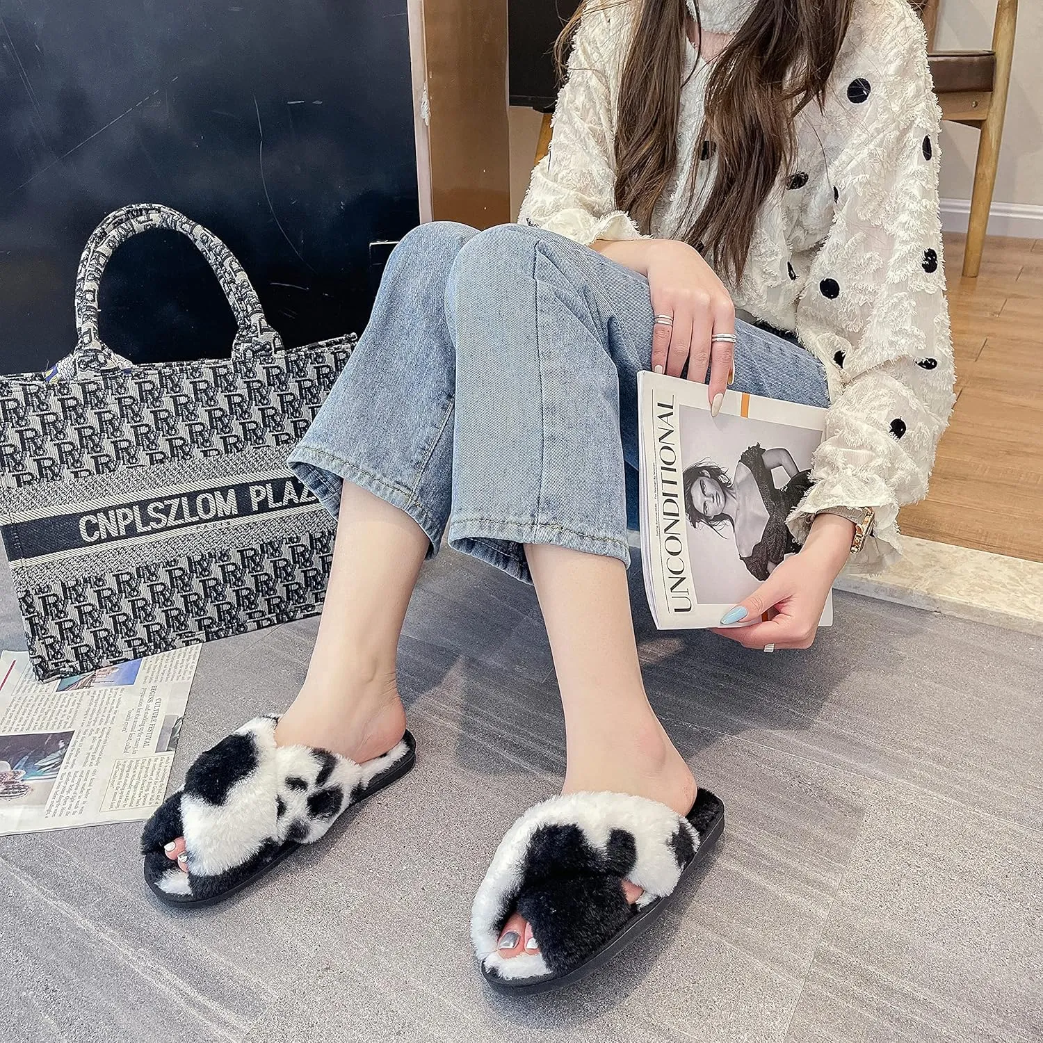 Solyinne Women's Tie-dye Leopard Print Cross Band Soft Plush Fleece House Indoor or Outdoor Slippers
