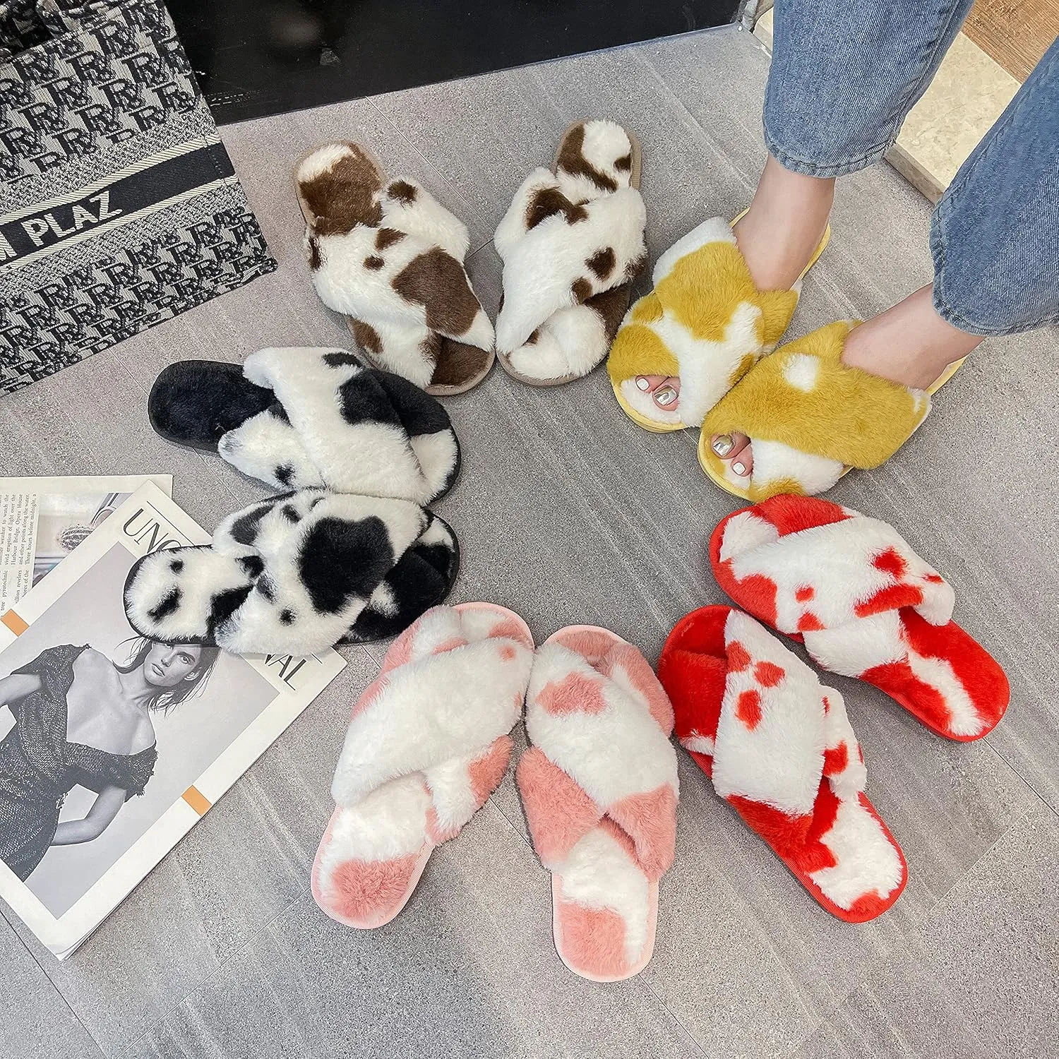 Solyinne Women's Tie-dye Leopard Print Cross Band Soft Plush Fleece House Indoor or Outdoor Slippers