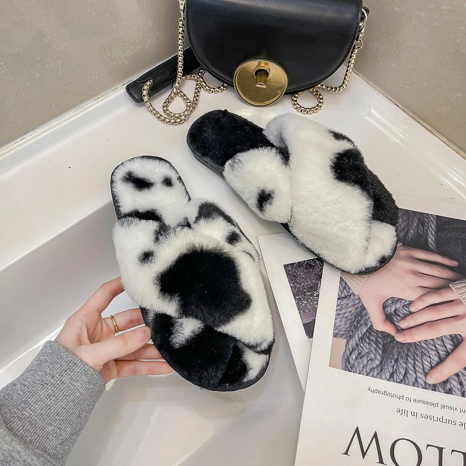 Solyinne Women's Tie-dye Leopard Print Cross Band Soft Plush Fleece House Indoor or Outdoor Slippers