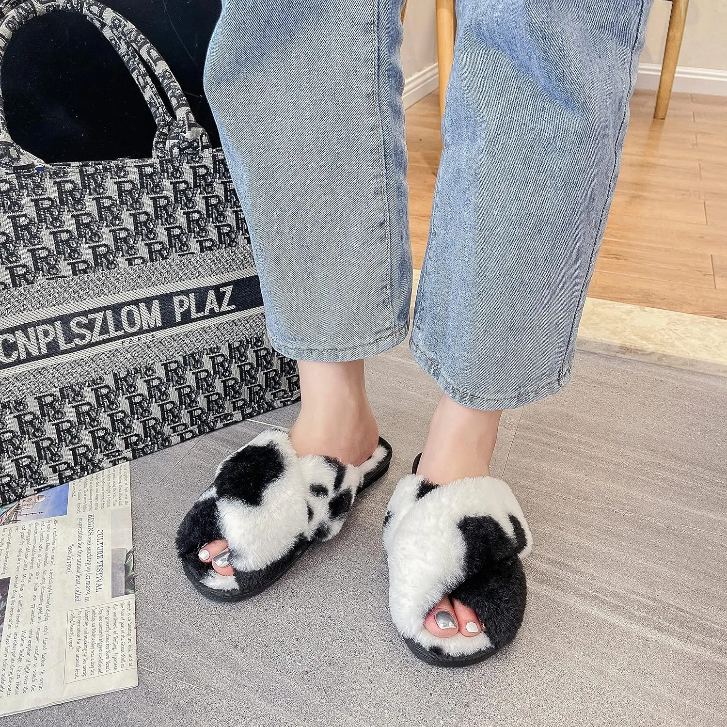 Solyinne Women's Tie-dye Leopard Print Cross Band Soft Plush Fleece House Indoor or Outdoor Slippers