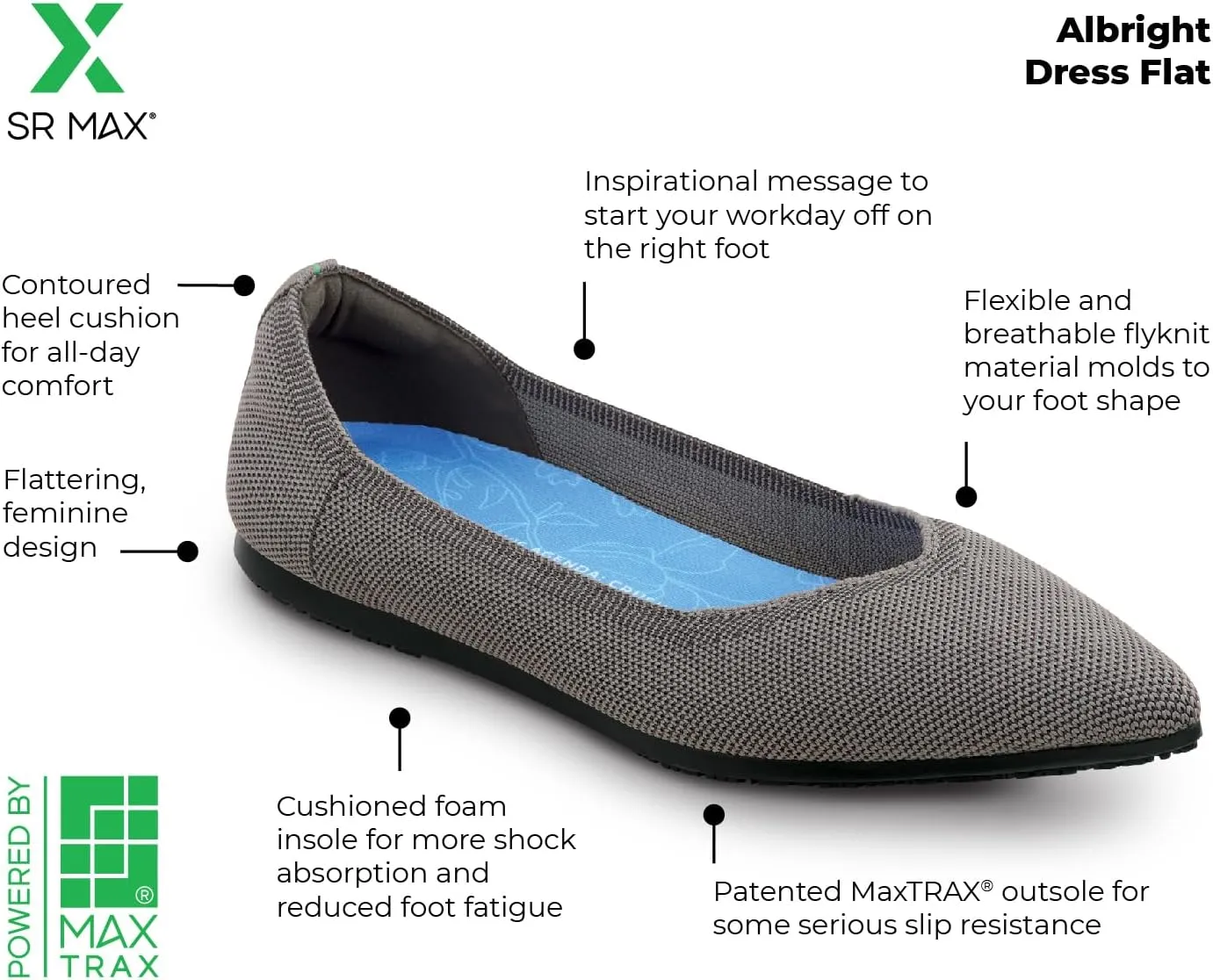 SR Max Albright, Women's, MaxTrax Slip Resistant, Soft Toe, Dress Flat, Work Shoe