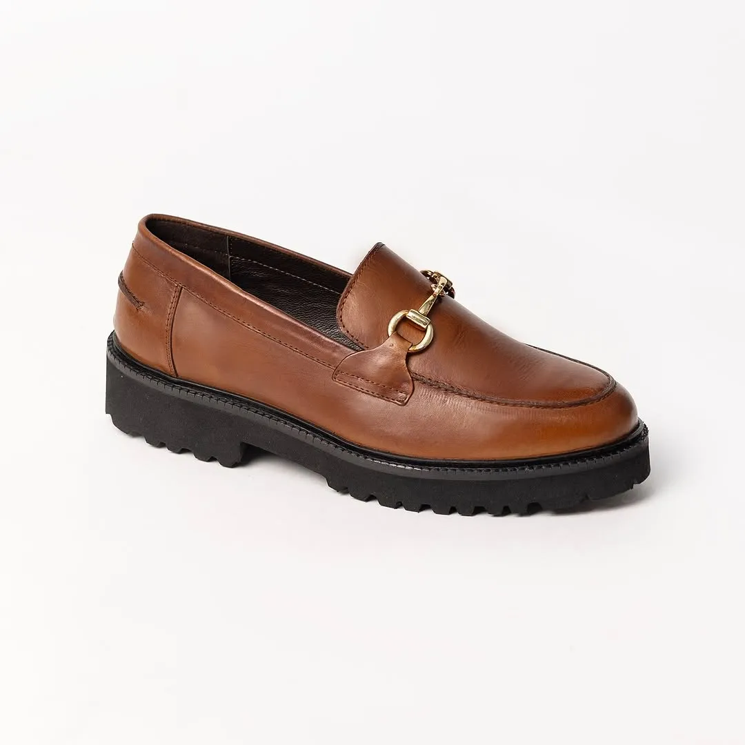 Stylish Brown Leather Loafer with Gold Horsebit Detail