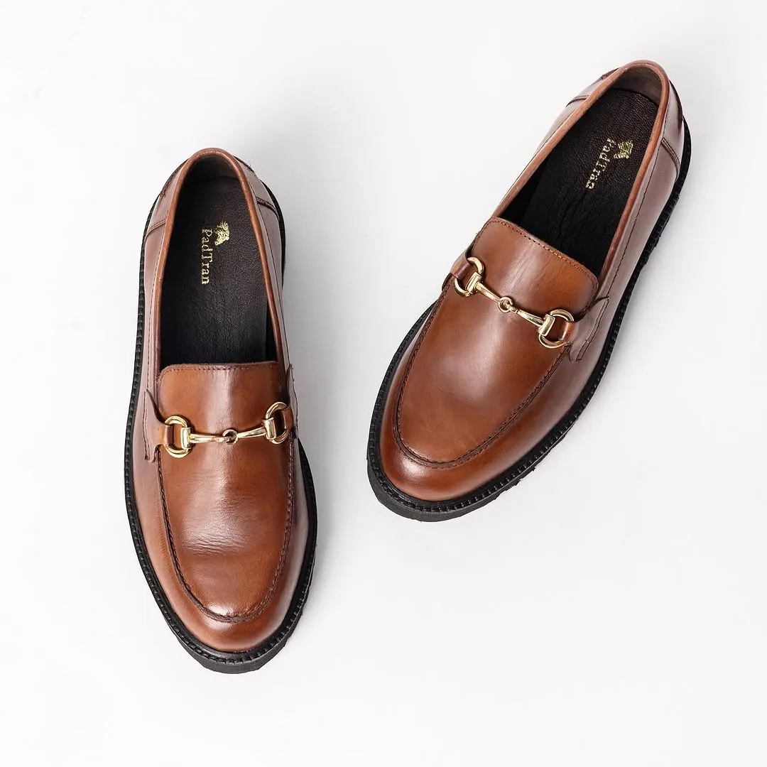 Stylish Brown Leather Loafer with Gold Horsebit Detail