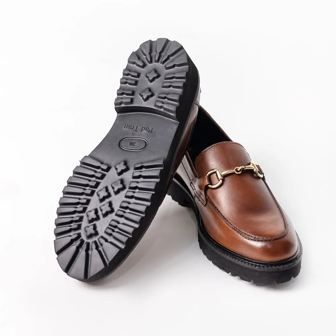 Stylish Brown Leather Loafer with Gold Horsebit Detail