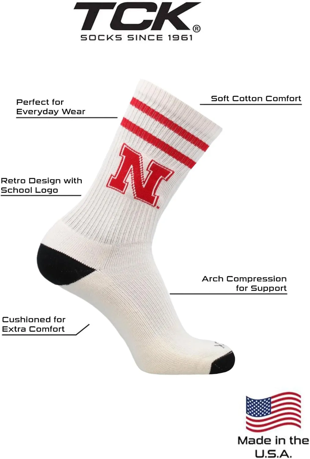 TCK Vintage NCAA College Socks For Men and Women, Classic Soft Cotton Sock
