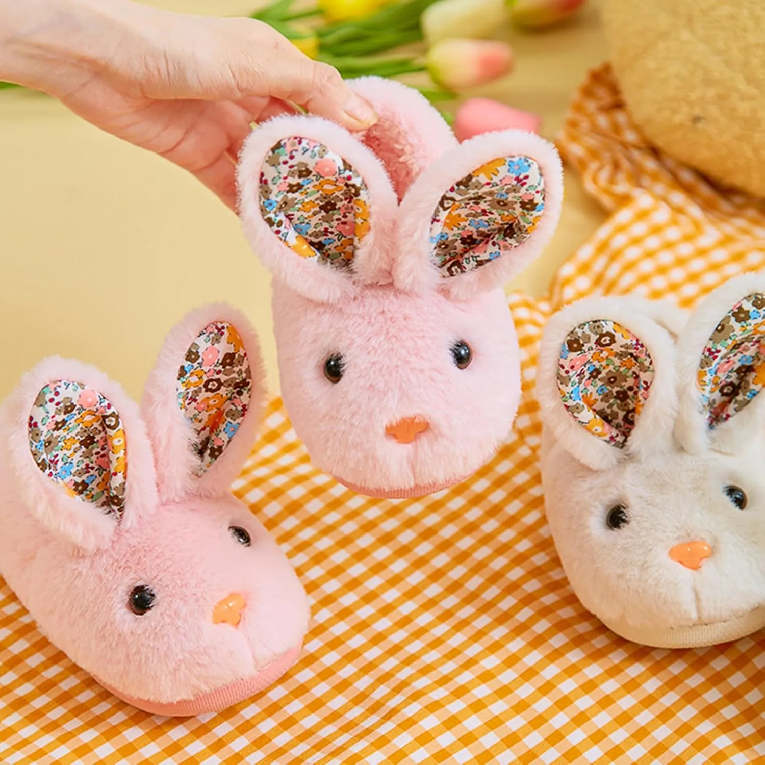 techcity Toddler Boys Girls Fuzzy Fluffy Slippers Cute Animal Winter Warm Shoes with 3D Bunny Design House Home Indoor Plush Fur Shoes