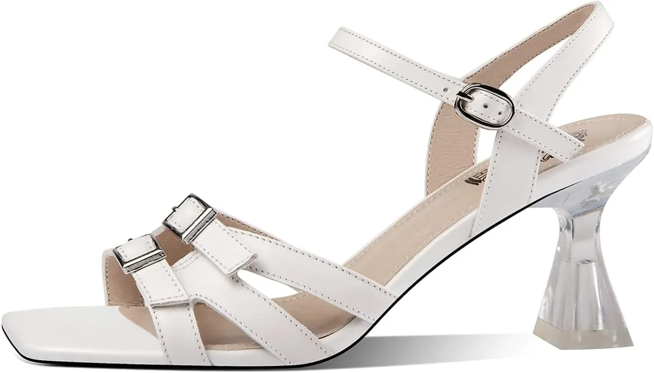 TinaCus Women's Handmade Genuine Leather Open Toe Sling Back Transparent Heel Sandals with Buckles