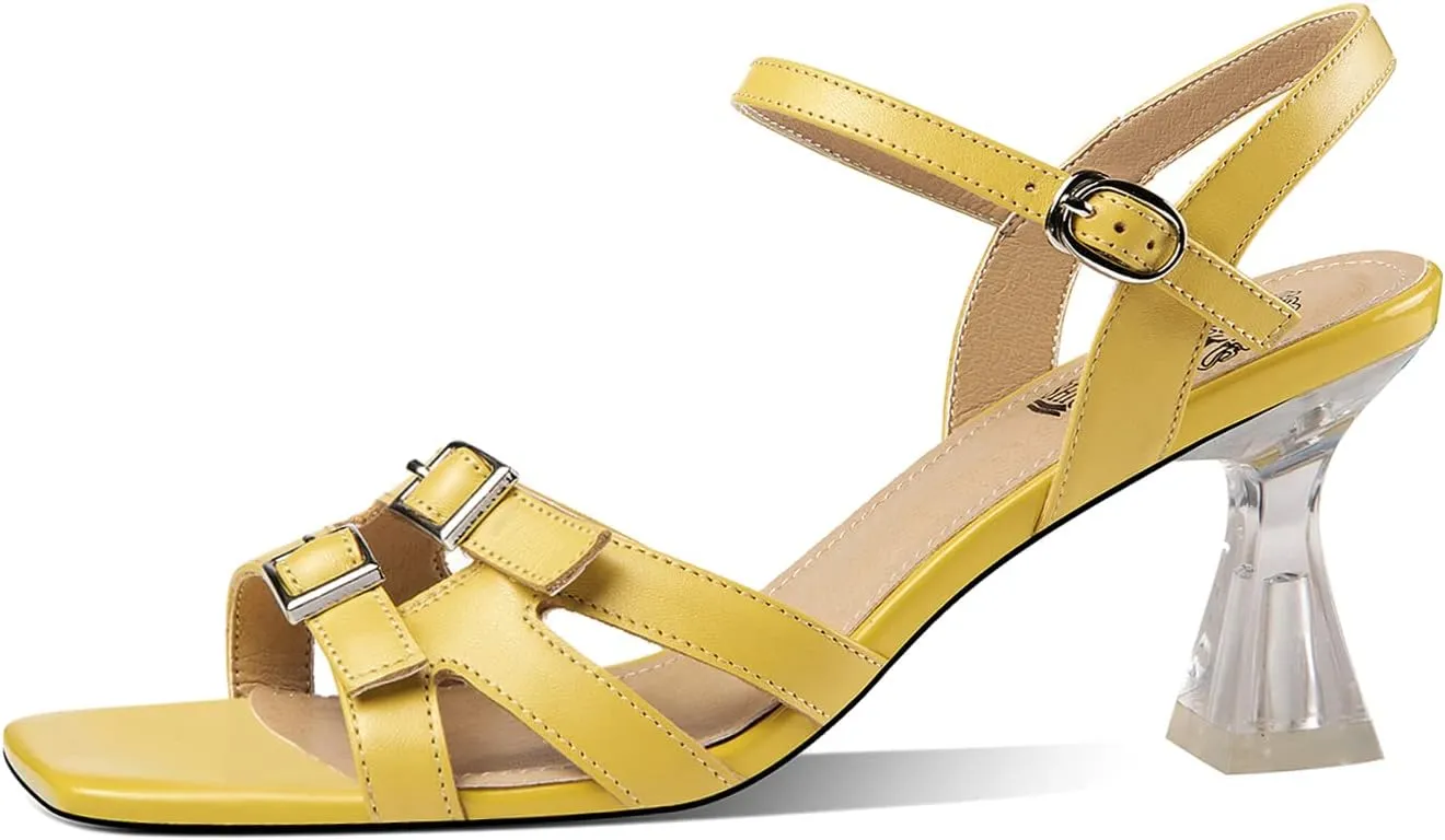 TinaCus Women's Handmade Genuine Leather Open Toe Sling Back Transparent Heel Sandals with Buckles
