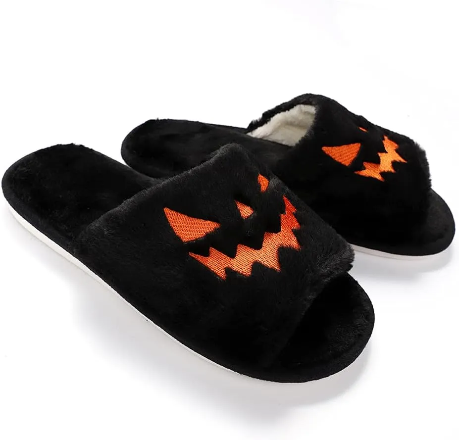 TITTOK Spooky Slides Halloween Slippers Jack O Lantern Pumpkin Soft Plush Cozy Open Toe Indoor Outdoor Fuzzy Slippers Gifts For Girls Women Girlfriend Men