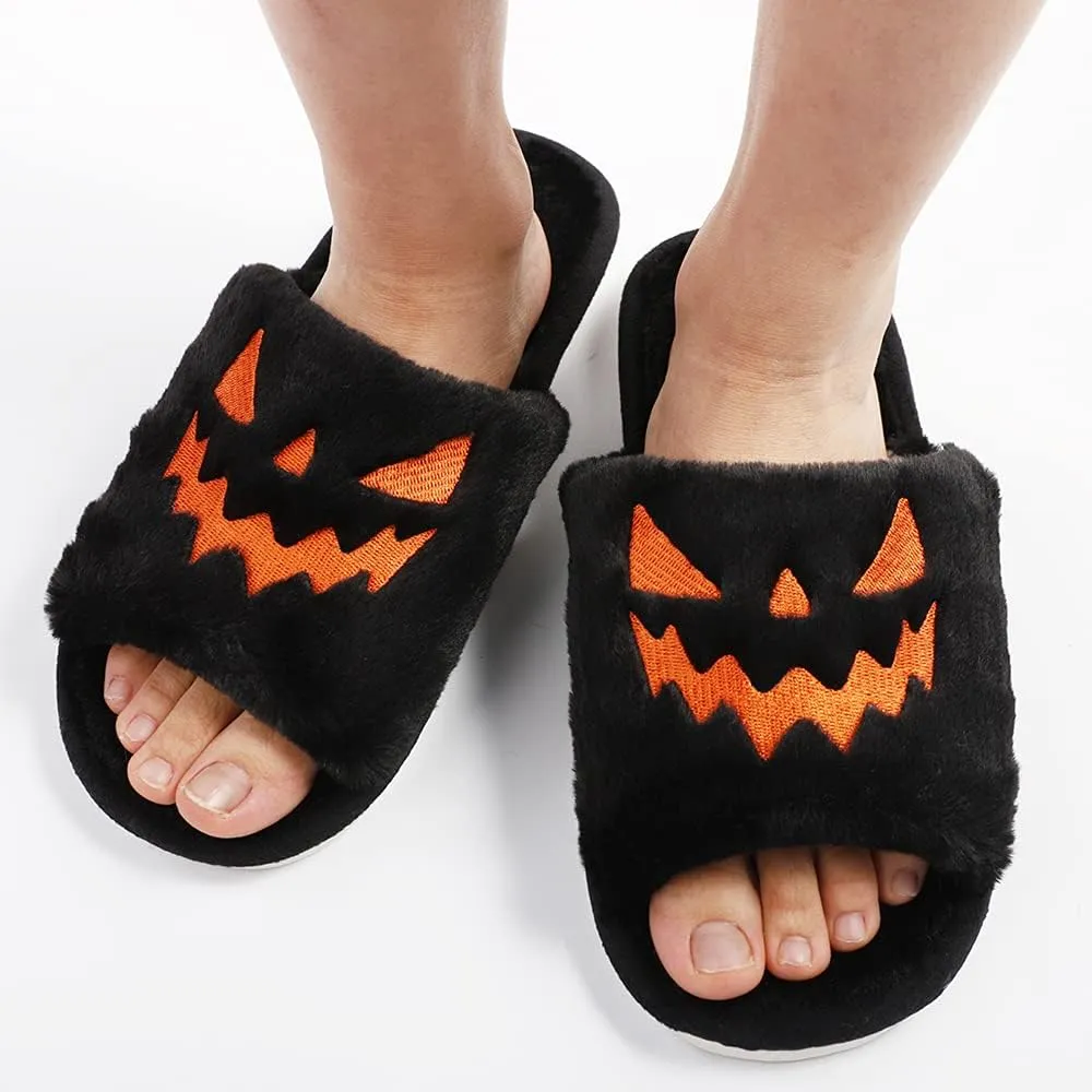 TITTOK Spooky Slides Halloween Slippers Jack O Lantern Pumpkin Soft Plush Cozy Open Toe Indoor Outdoor Fuzzy Slippers Gifts For Girls Women Girlfriend Men