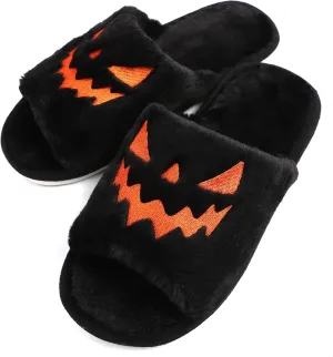 TITTOK Spooky Slides Halloween Slippers Jack O Lantern Pumpkin Soft Plush Cozy Open Toe Indoor Outdoor Fuzzy Slippers Gifts For Girls Women Girlfriend Men