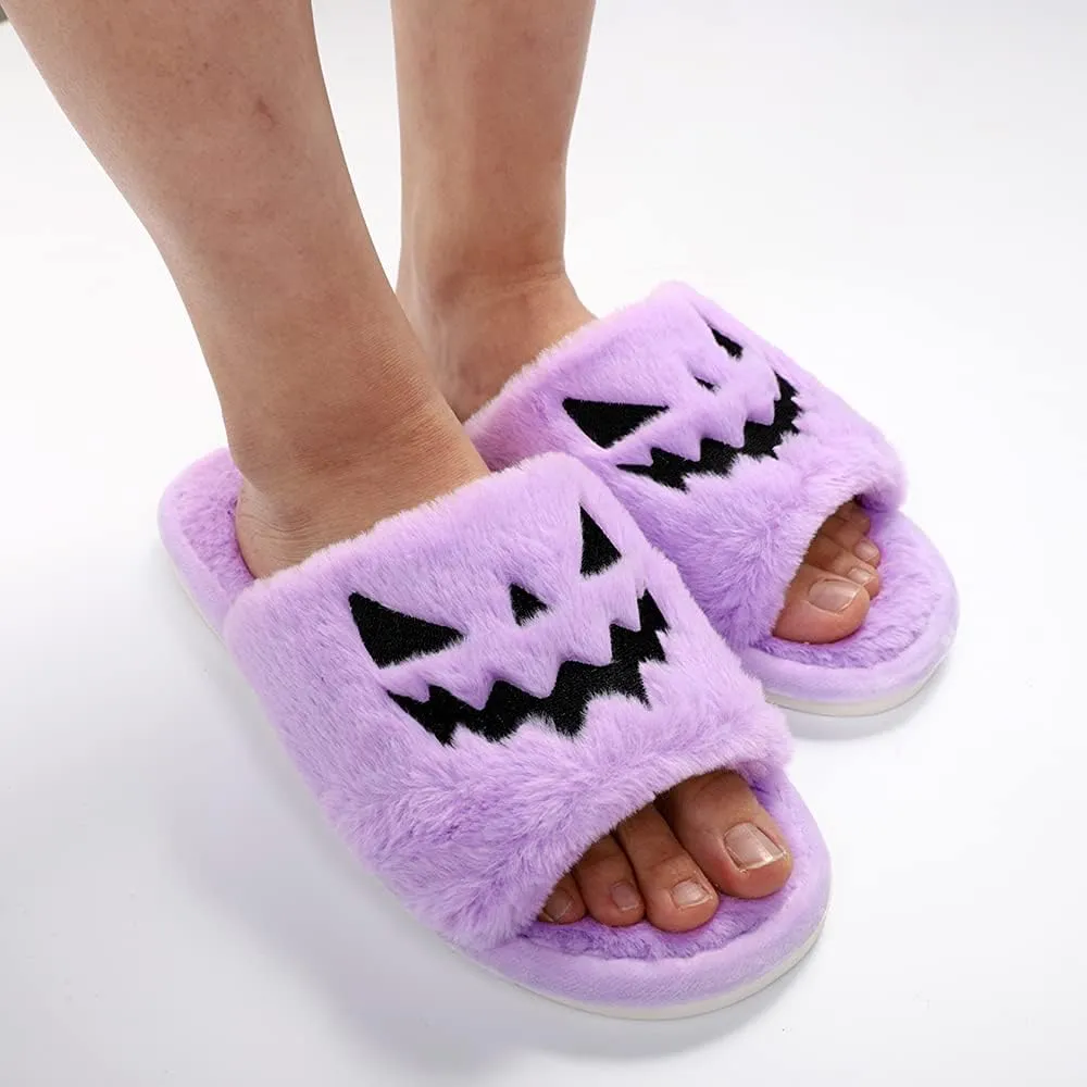 TITTOK Spooky Slides Halloween Slippers Jack O Lantern Pumpkin Soft Plush Cozy Open Toe Indoor Outdoor Fuzzy Slippers Gifts For Girls Women Girlfriend Men