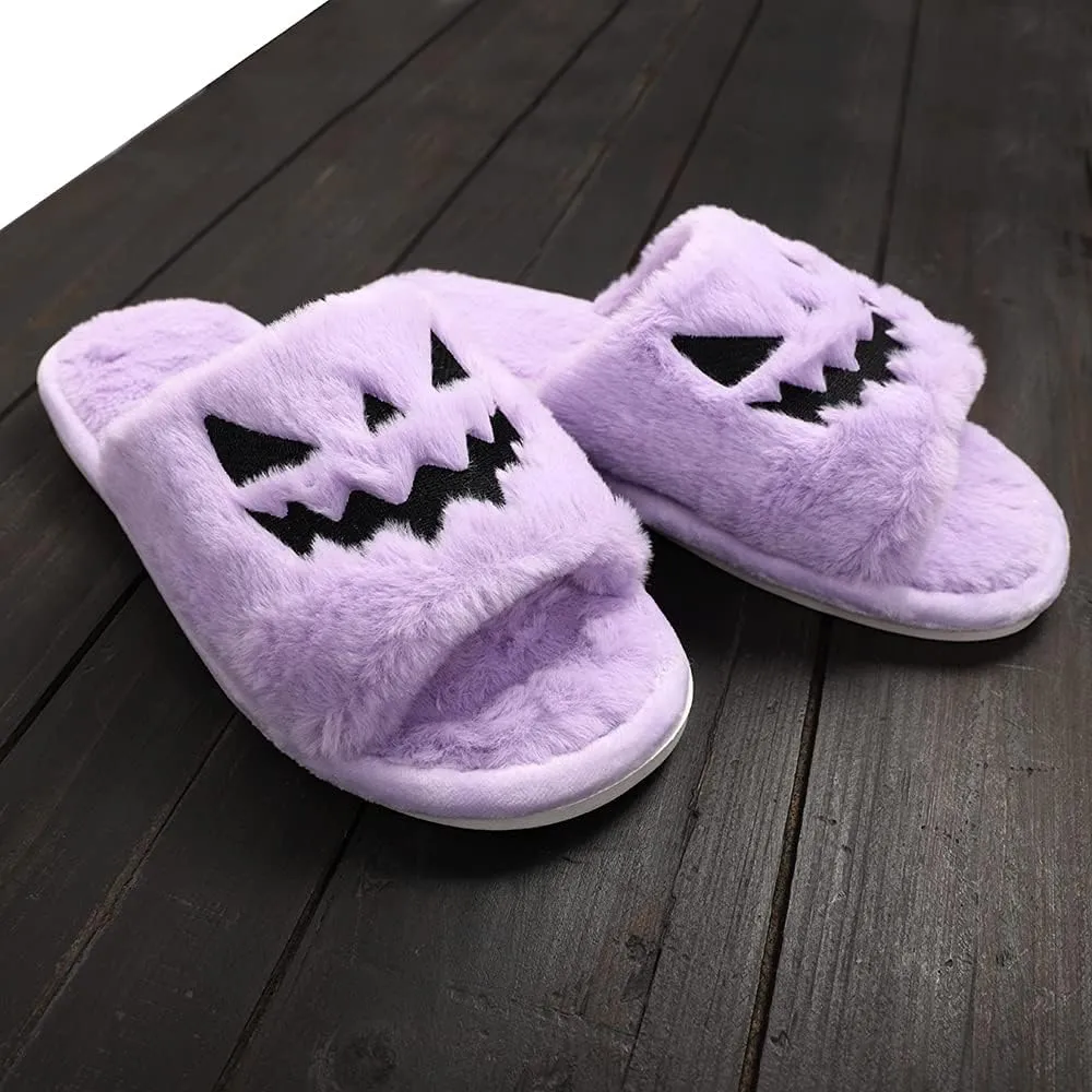TITTOK Spooky Slides Halloween Slippers Jack O Lantern Pumpkin Soft Plush Cozy Open Toe Indoor Outdoor Fuzzy Slippers Gifts For Girls Women Girlfriend Men