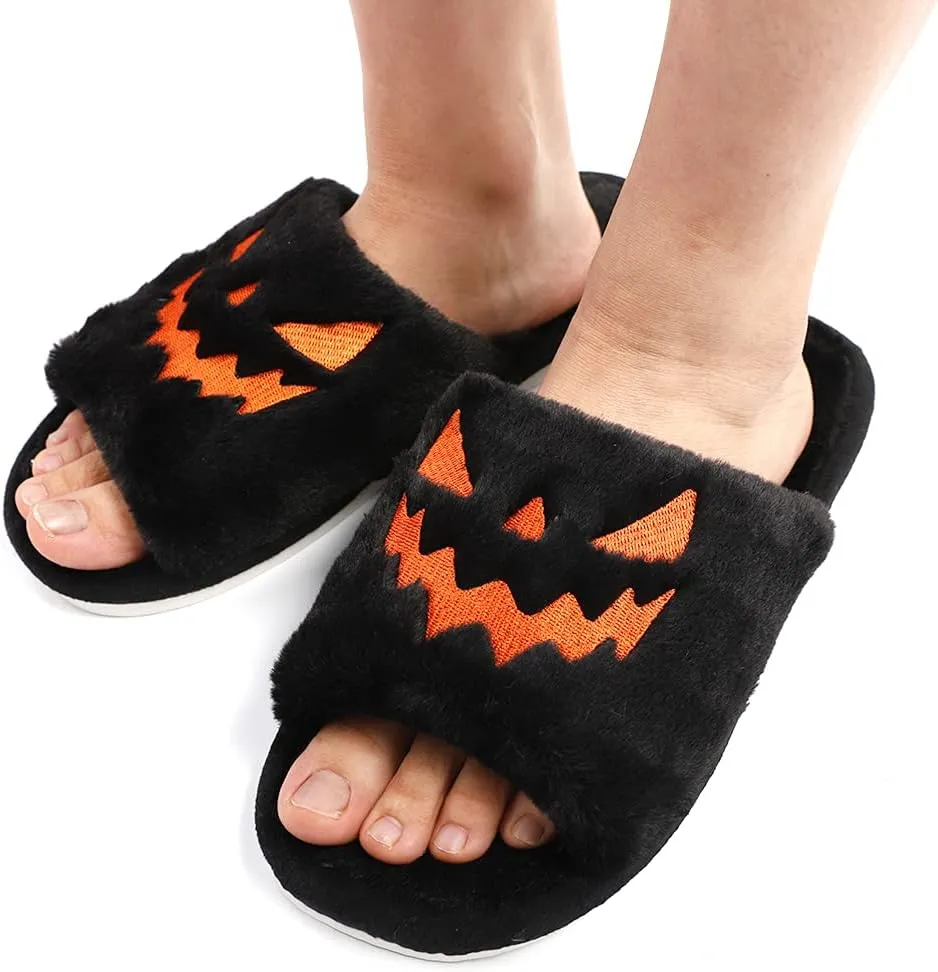 TITTOK Spooky Slides Halloween Slippers Jack O Lantern Pumpkin Soft Plush Cozy Open Toe Indoor Outdoor Fuzzy Slippers Gifts For Girls Women Girlfriend Men