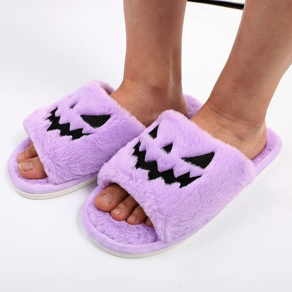 TITTOK Spooky Slides Halloween Slippers Jack O Lantern Pumpkin Soft Plush Cozy Open Toe Indoor Outdoor Fuzzy Slippers Gifts For Girls Women Girlfriend Men