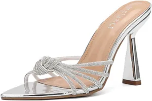 Tokouk Women's Strappy Rhinestone Pointed Toe Stiletto Slides Sandals Sexy Backless Comfortable Slip-on High Heel Dress Slippers for Wedding Party