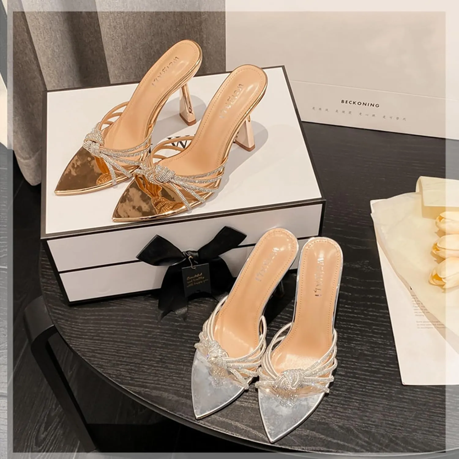 Tokouk Women's Strappy Rhinestone Pointed Toe Stiletto Slides Sandals Sexy Backless Comfortable Slip-on High Heel Dress Slippers for Wedding Party