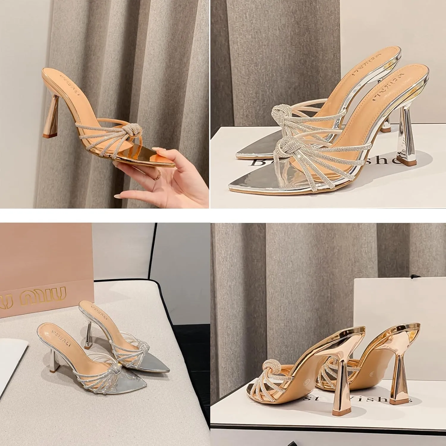 Tokouk Women's Strappy Rhinestone Pointed Toe Stiletto Slides Sandals Sexy Backless Comfortable Slip-on High Heel Dress Slippers for Wedding Party