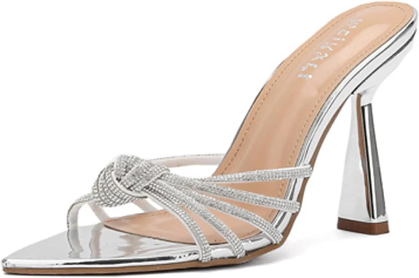Tokouk Women's Strappy Rhinestone Pointed Toe Stiletto Slides Sandals Sexy Backless Comfortable Slip-on High Heel Dress Slippers for Wedding Party
