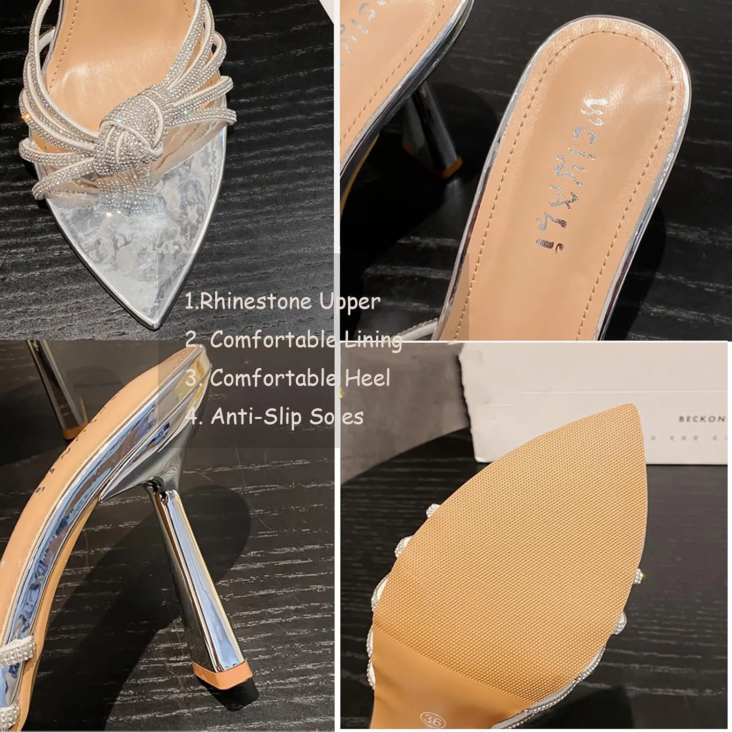 Tokouk Women's Strappy Rhinestone Pointed Toe Stiletto Slides Sandals Sexy Backless Comfortable Slip-on High Heel Dress Slippers for Wedding Party