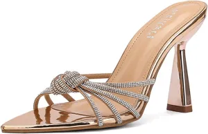 Tokouk Women's Strappy Rhinestone Pointed Toe Stiletto Slides Sandals Sexy Backless Comfortable Slip-on High Heel Dress Slippers for Wedding Party