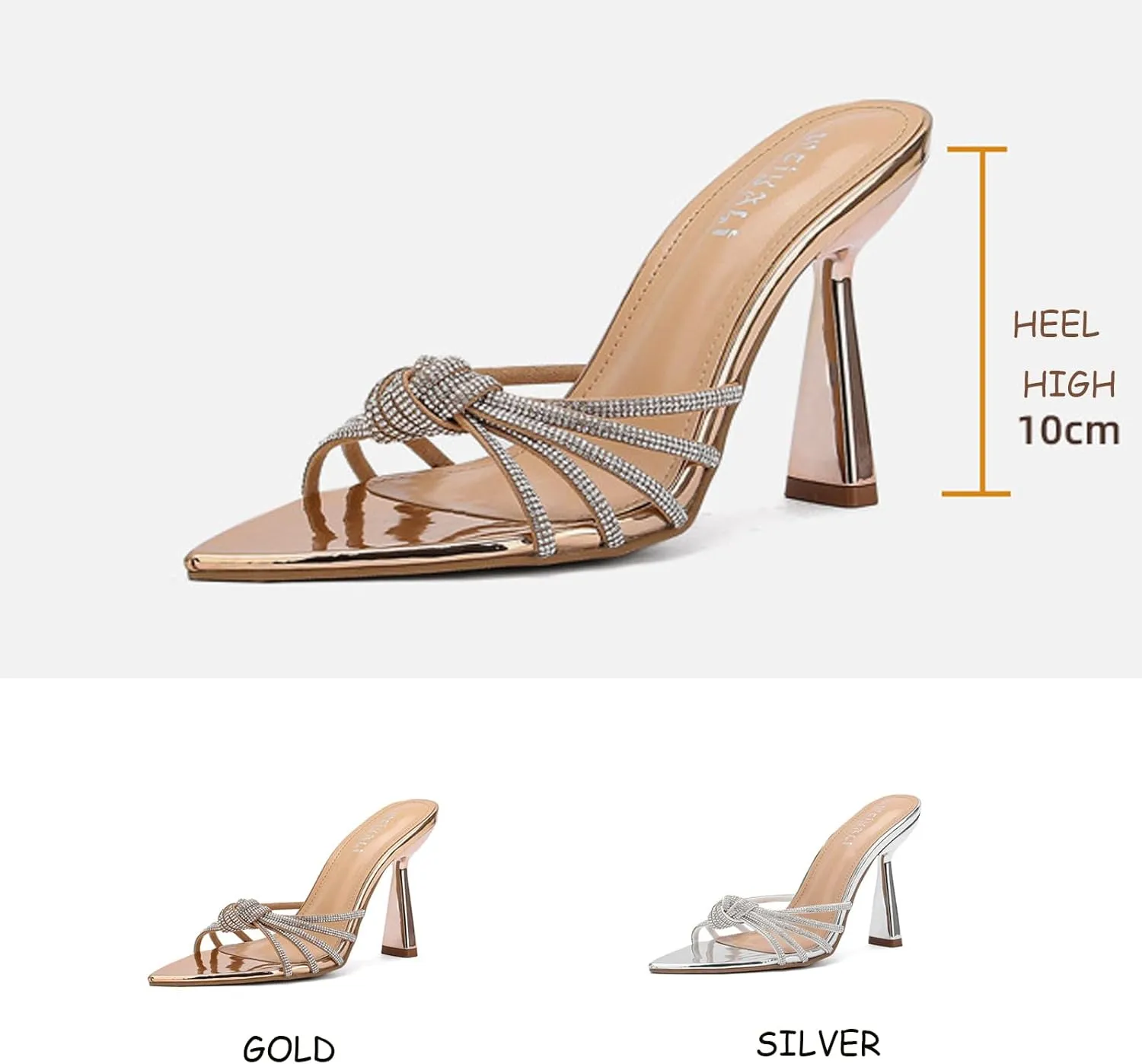 Tokouk Women's Strappy Rhinestone Pointed Toe Stiletto Slides Sandals Sexy Backless Comfortable Slip-on High Heel Dress Slippers for Wedding Party