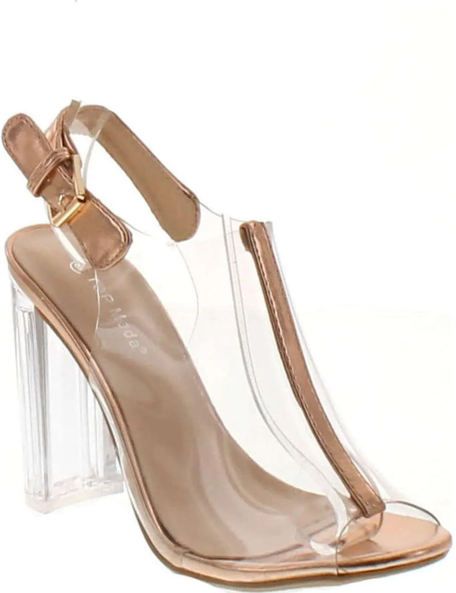 TOP Moda Women's Fenton-1 Lucite Clear Strappy Block Chunky High Heel Open Peep Toe Sandal