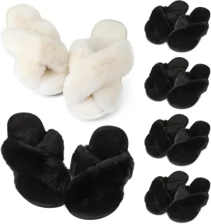 Toulite 6 Pairs Wedding Bridesmaid Slippers Women Fluffy Open Toe Fuzzy Plush Slippers, US9-10