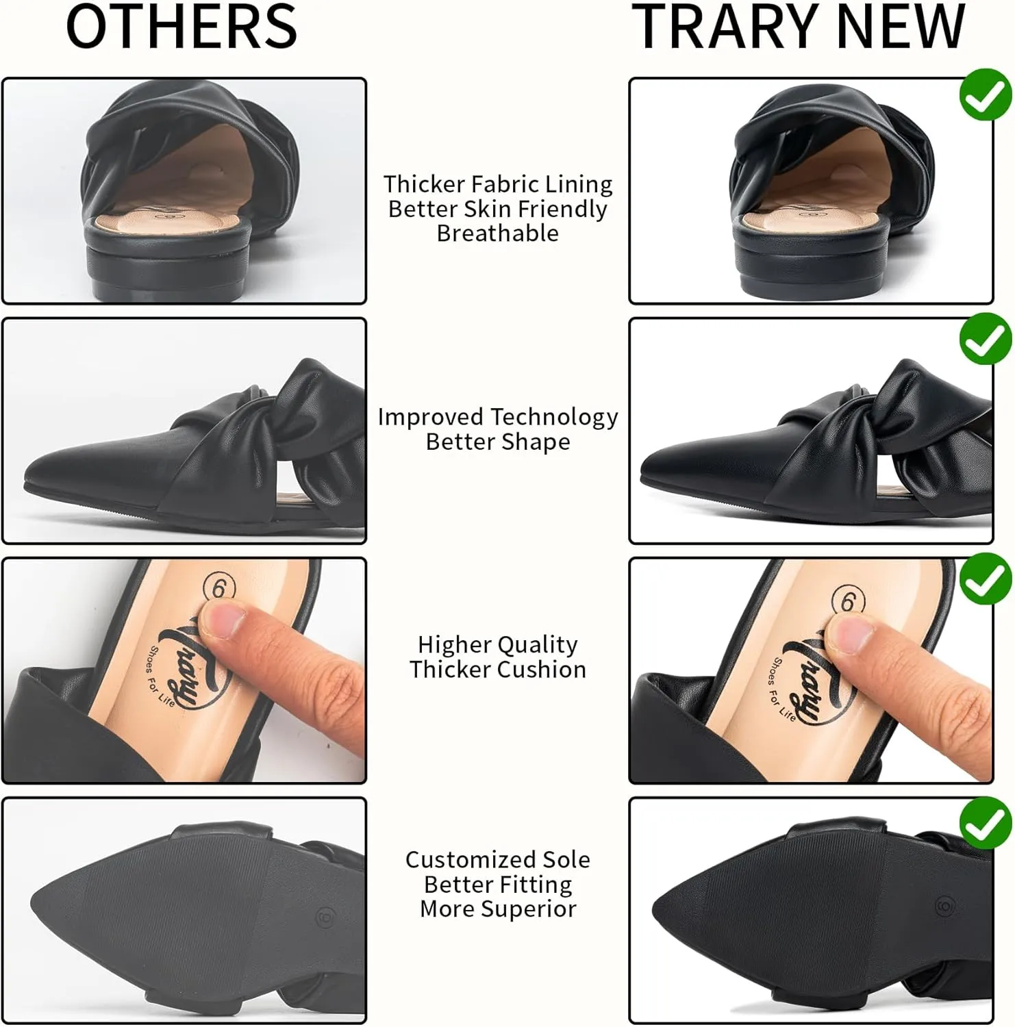 Trary Womens Mules Flats Closed Pointed Toe Comfortable Slip on Backless Loafer Shoes for Women with Knot