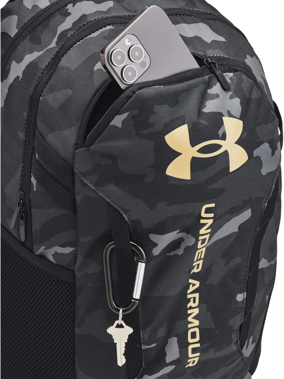 Under Armour Unisex-Adult Hustle 6.0 Backpack, (001) Black/Black/Metallic Gold, One Size Fits Most