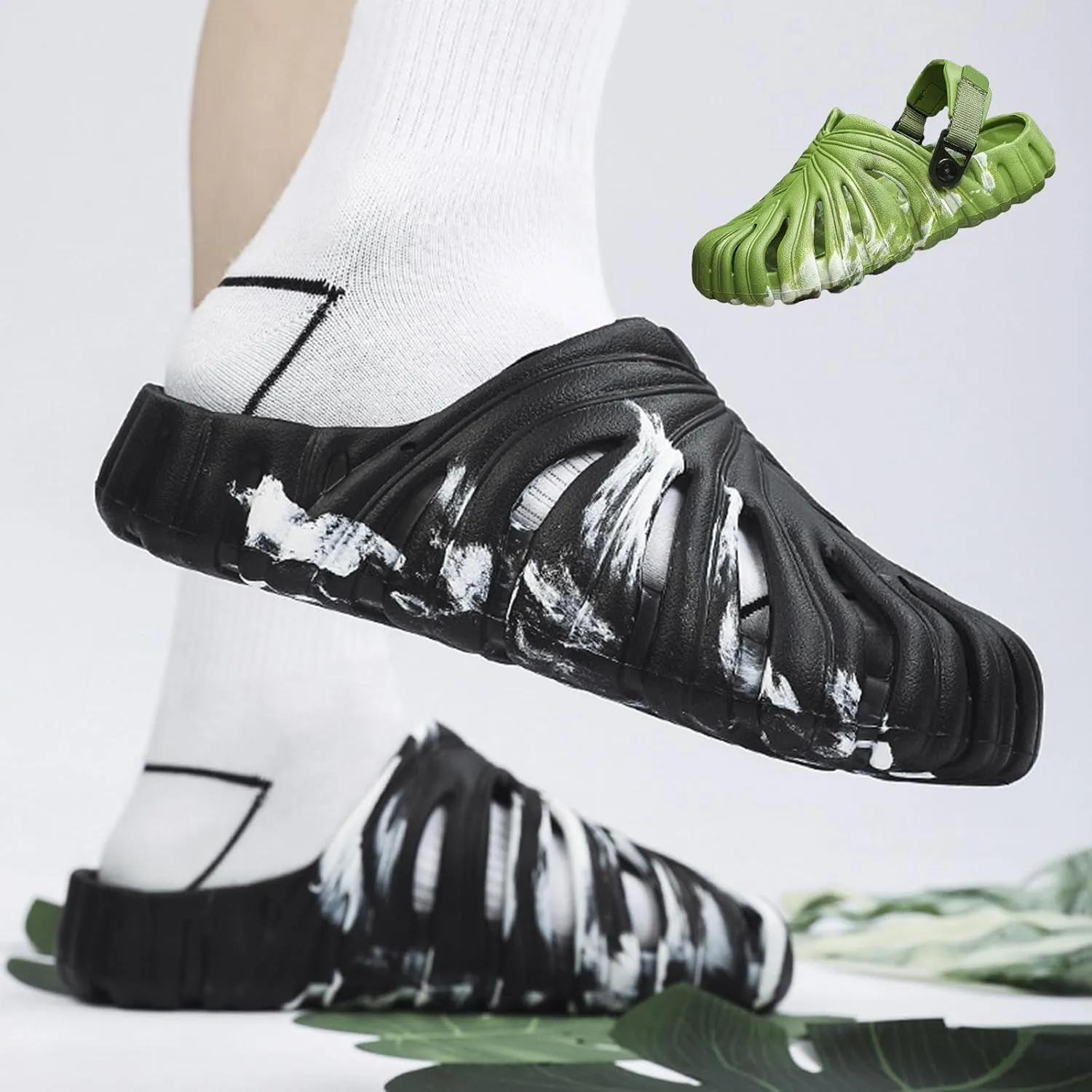 Variegated Monstera Shoes, Eva Thick Sole Pillow Slippers, Non-Slip Quick-Drying Breathable Beach Monstera Slippers, Suitable for Both Men and Women, Suitable for Indoor and Outdoor (7.5,White-B)
