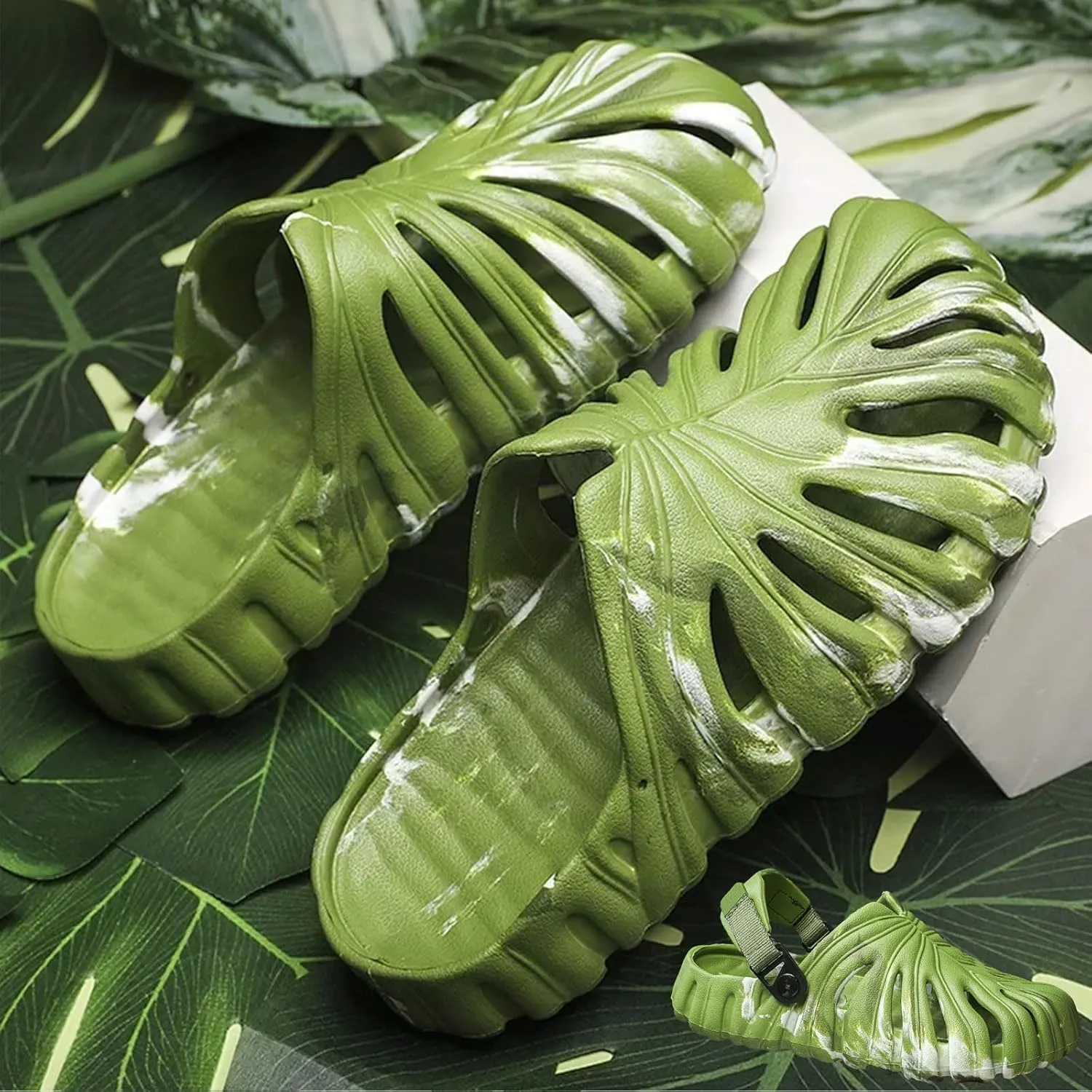 Variegated Monstera Shoes, Eva Thick Sole Pillow Slippers, Non-Slip Quick-Drying Breathable Beach Monstera Slippers, Suitable for Both Men and Women, Suitable for Indoor and Outdoor (7.5,White-B)
