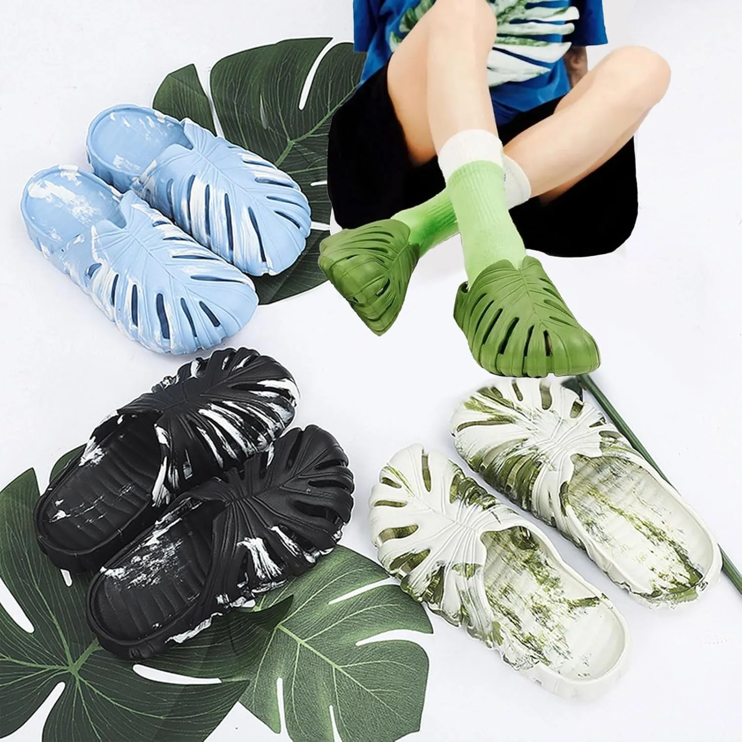 Variegated Monstera Shoes, Eva Thick Sole Pillow Slippers, Non-Slip Quick-Drying Breathable Beach Monstera Slippers, Suitable for Both Men and Women, Suitable for Indoor and Outdoor (7.5,White-B)