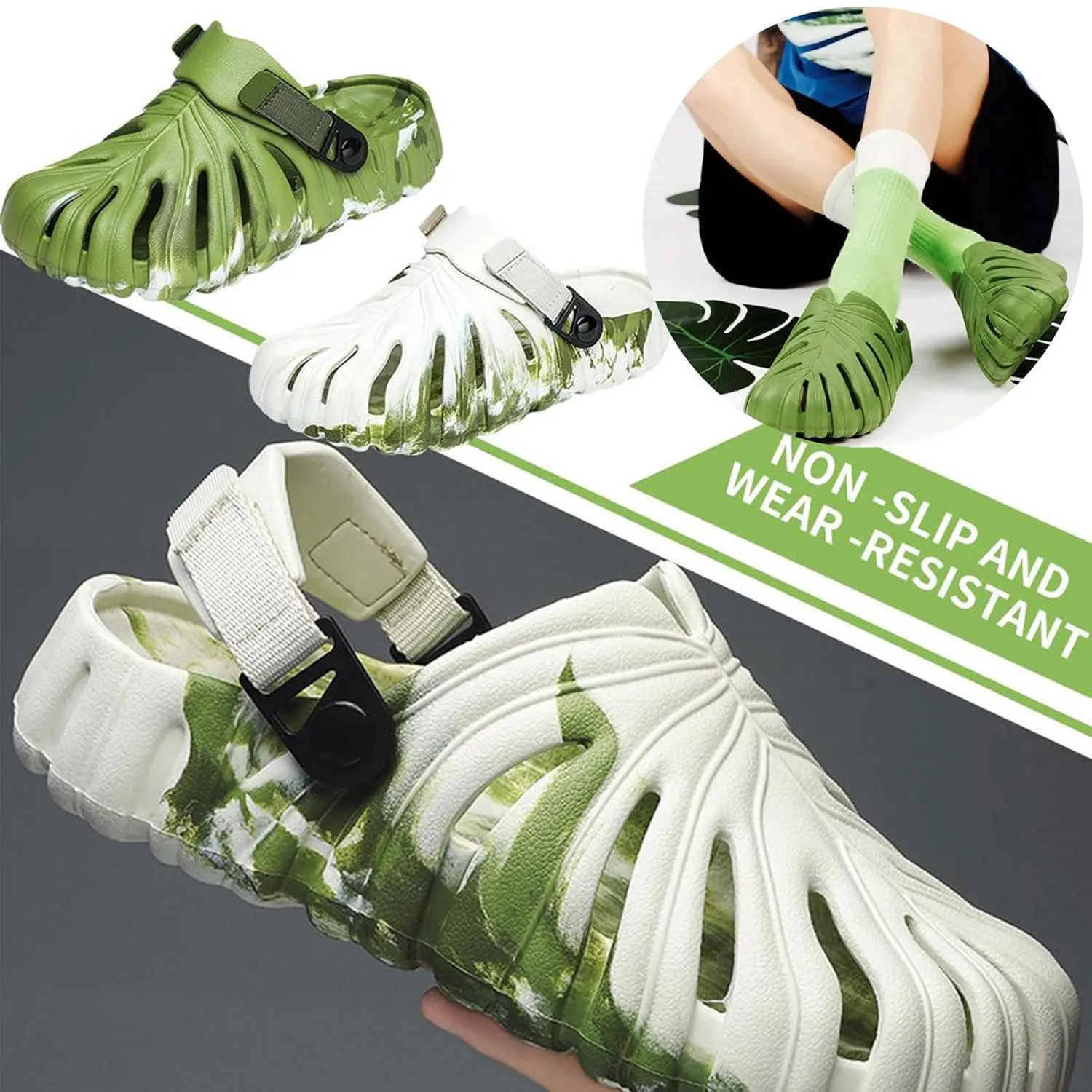 Variegated Monstera Shoes, Eva Thick Sole Pillow Slippers, Non-Slip Quick-Drying Breathable Beach Monstera Slippers, Suitable for Both Men and Women, Suitable for Indoor and Outdoor (7.5,White-B)