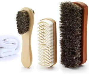Variety Shoe Brush Kit - Double-Sided Shoe Polish Applicator & Horse Hair Brushes for Polishing - Nubuck & Suede Brush for Shoes, Soft Leather Cleaning with Microfiber Cloth