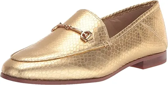 Vast range Slip Loafers Edelman Sam Boa Stacked Gold Toe Metallic On Almond Heel Loraine Special discount