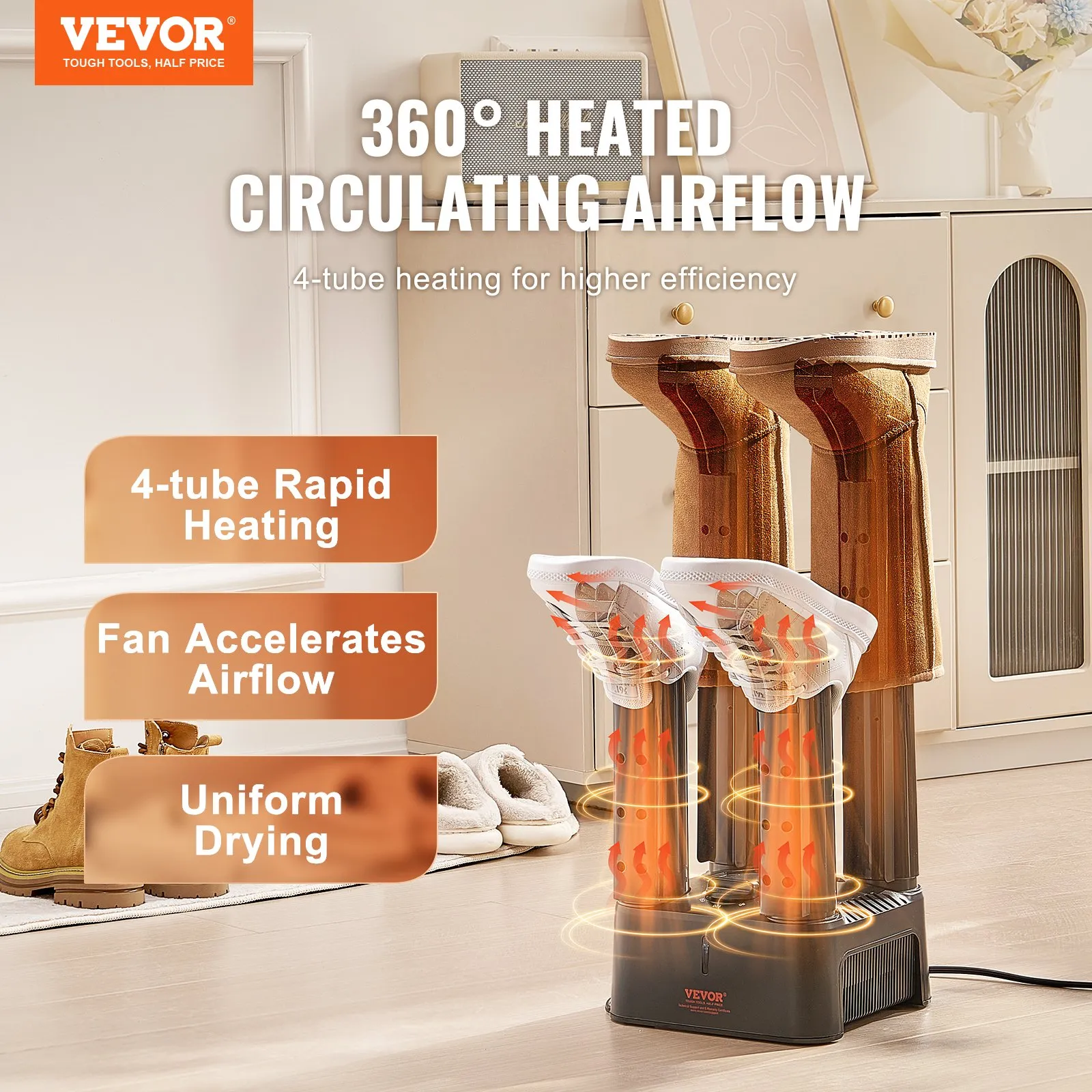 VEVOR Detachable 4 Tubes Shoe Dryer with Heat Blower & Timer Black & Orange,Ultra Silent, Quick Drying for Work Boots, Ski Boots, Sneakers, Gloves, Hats, Helmets