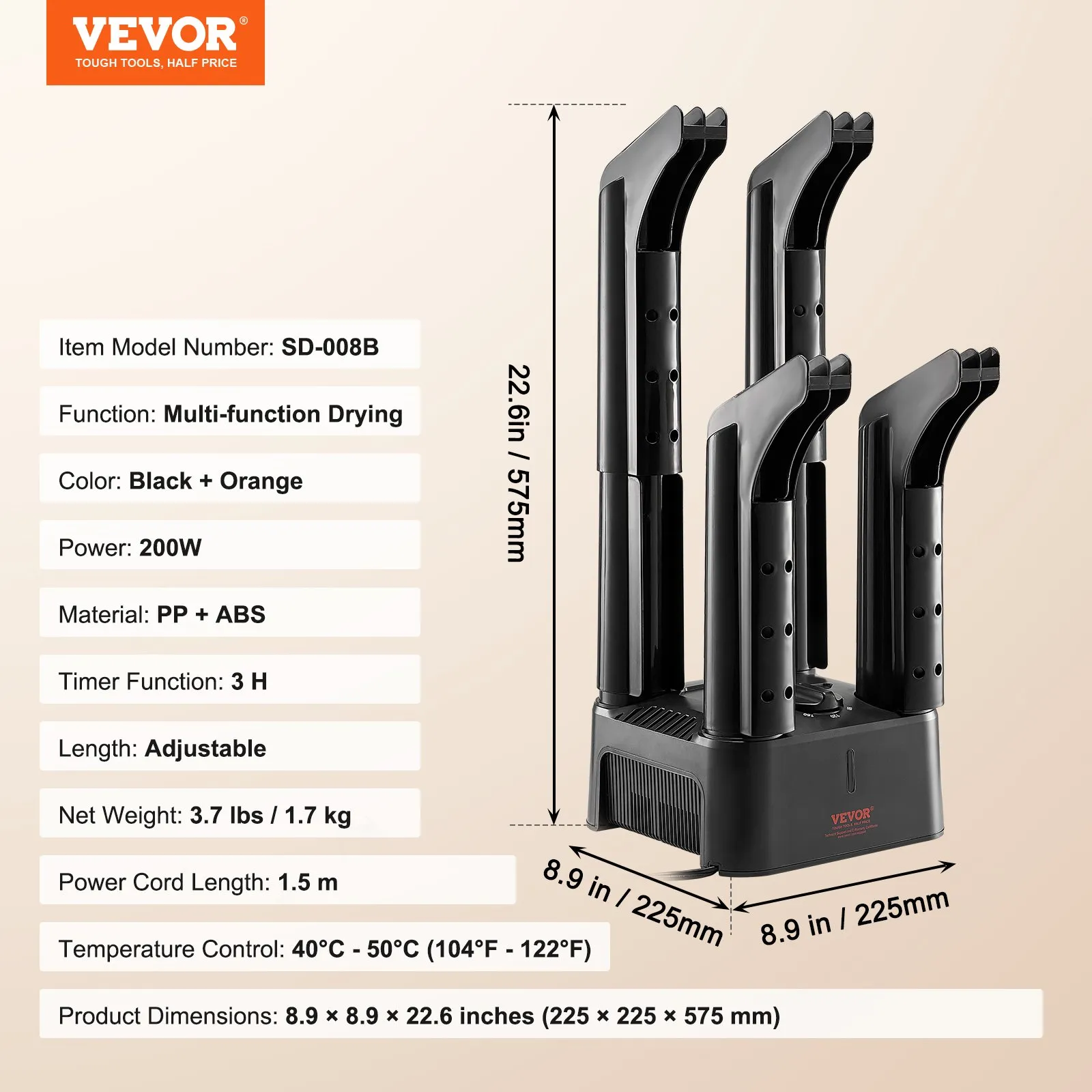 VEVOR Detachable 4 Tubes Shoe Dryer with Heat Blower & Timer Black & Orange,Ultra Silent, Quick Drying for Work Boots, Ski Boots, Sneakers, Gloves, Hats, Helmets